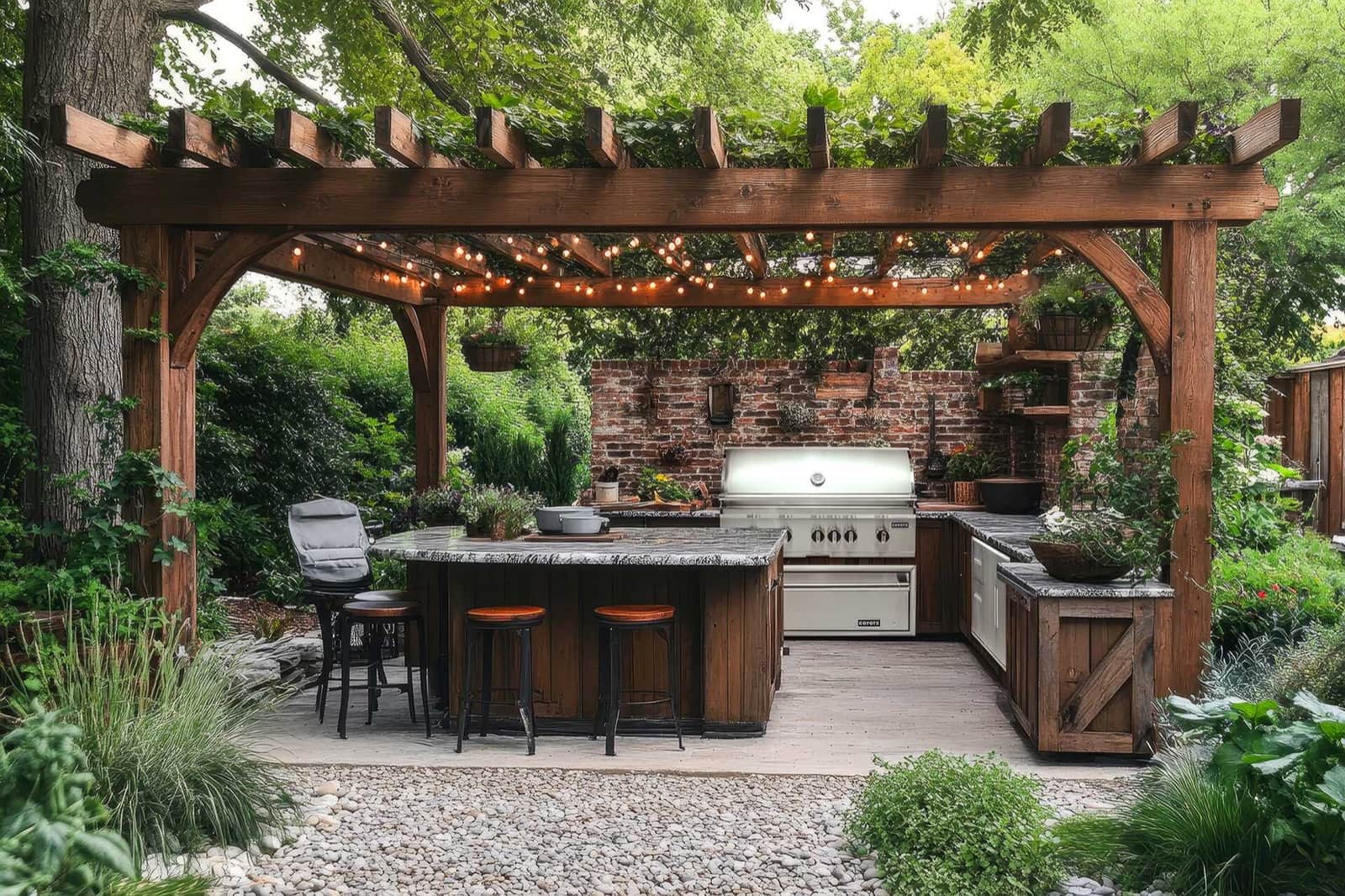 A Coyote built-in gas grill in a rustic outdoor kitchen with a wood island and bar stools under a pergola strung with lights