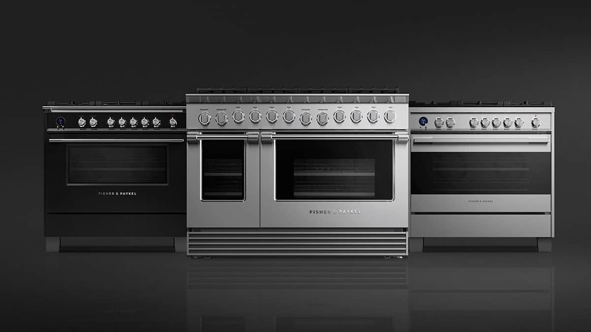 Three Fisher & Paykel dual fuel ranges on a dark ground: a black 36-inch Series 9 Classic, a stainless 48-inch Series 9 Professional with a griddle, and a stainless 36-inch Series 9 Contemporary