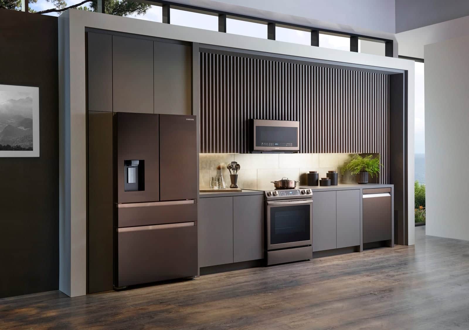 A bronze Samsung Bespoke refrigerator against a wood slat wall