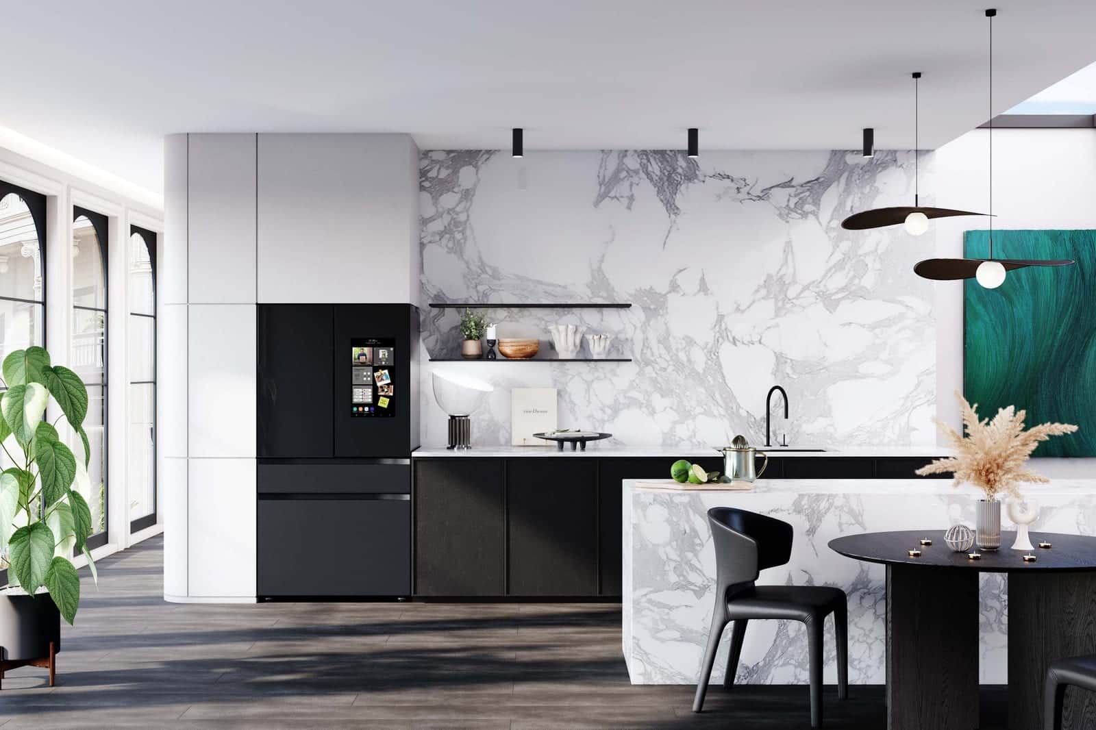 A charcoal glass Samsung Bespoke refrigerator in a marble kitchen