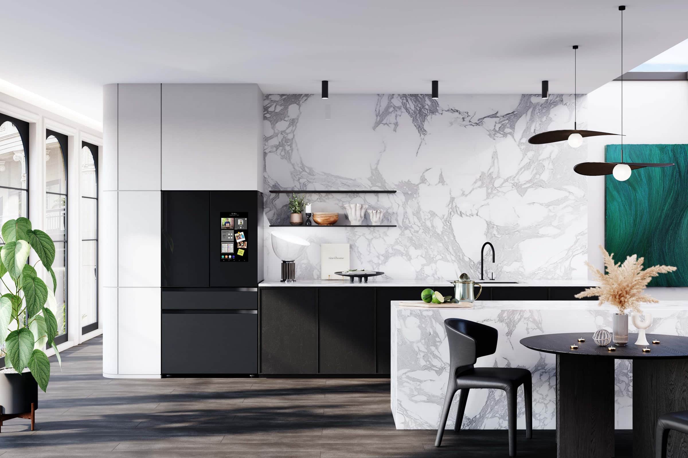 A charcoal glass Samsung Bespoke refrigerator in a marble kitchen