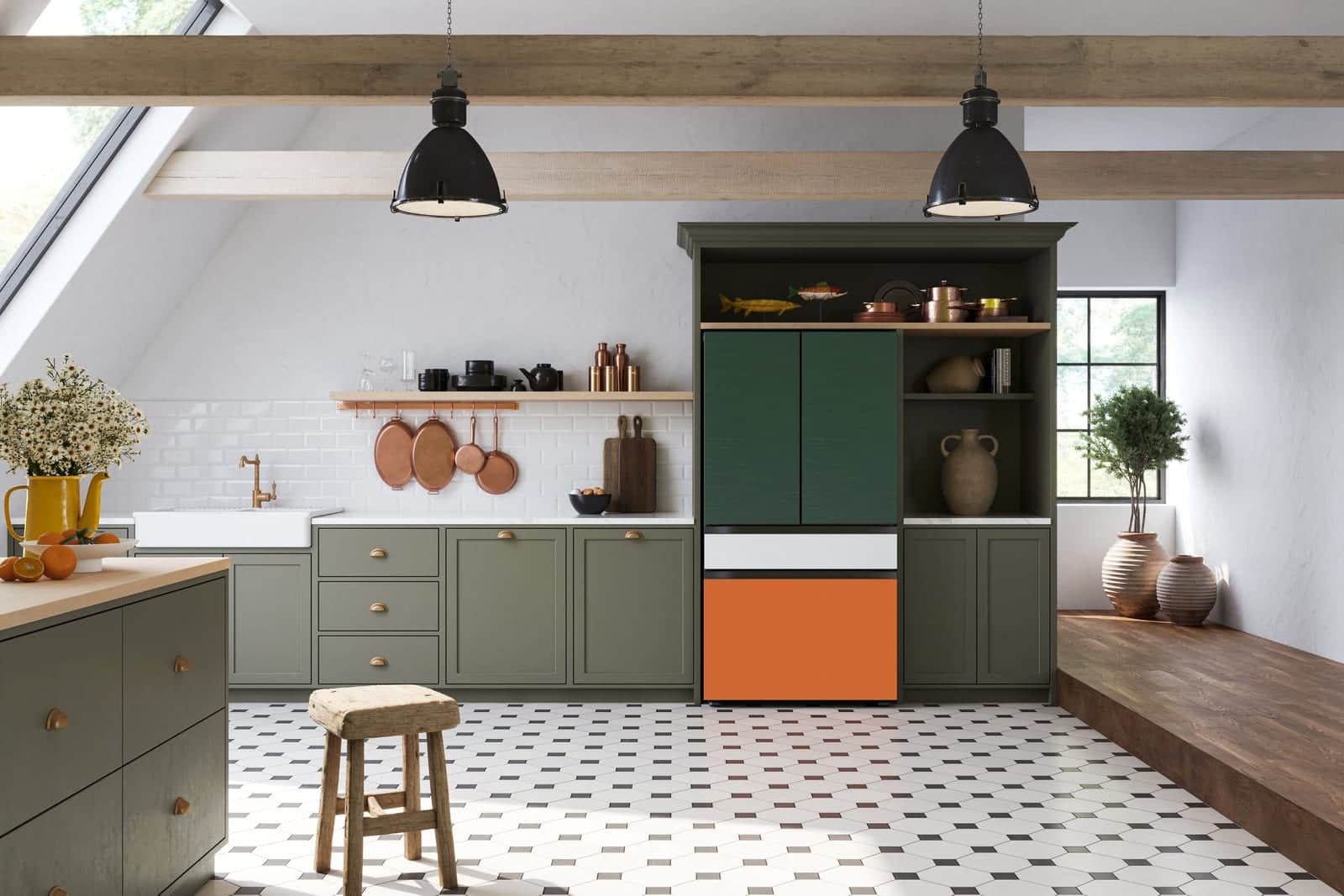 A Samsung Bespoke refrigerator in emerald and orange panels in a green kitchen