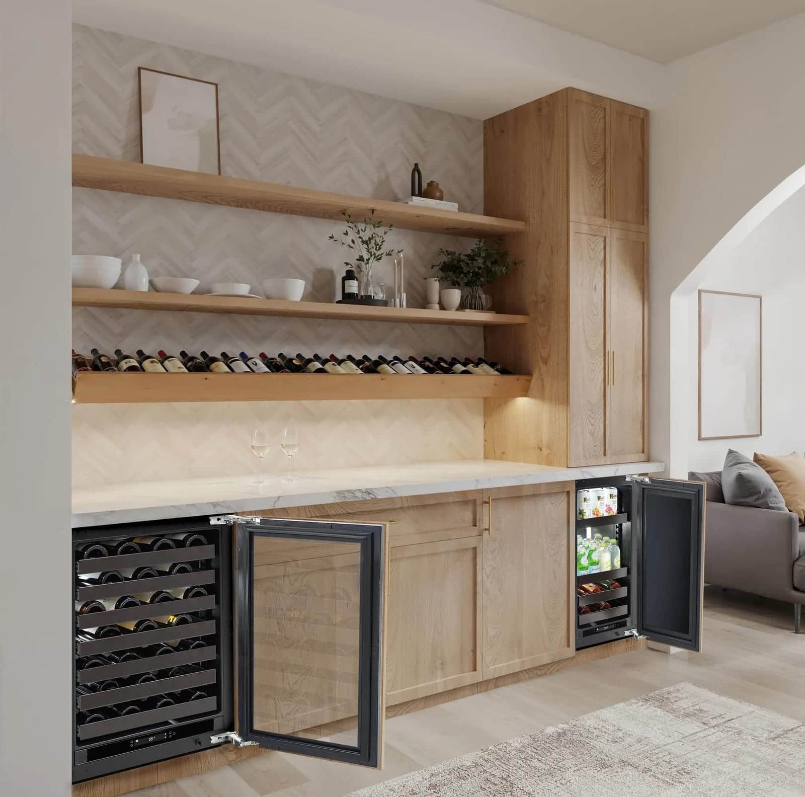 A U-Line refrigeration and wine unit with both doors open in an oak butler's pantry