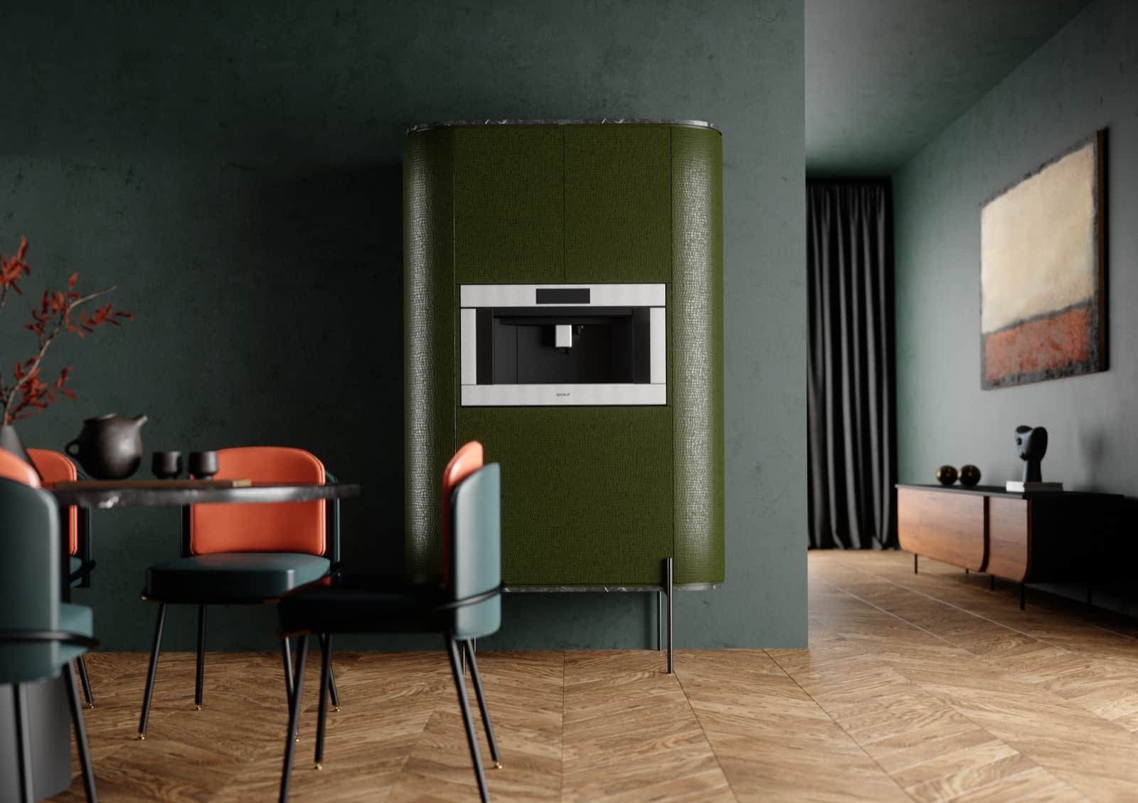 Built-in Wolf coffee system set into an olive green upholstered column in a dark green plaster dining room with orange and teal chairs