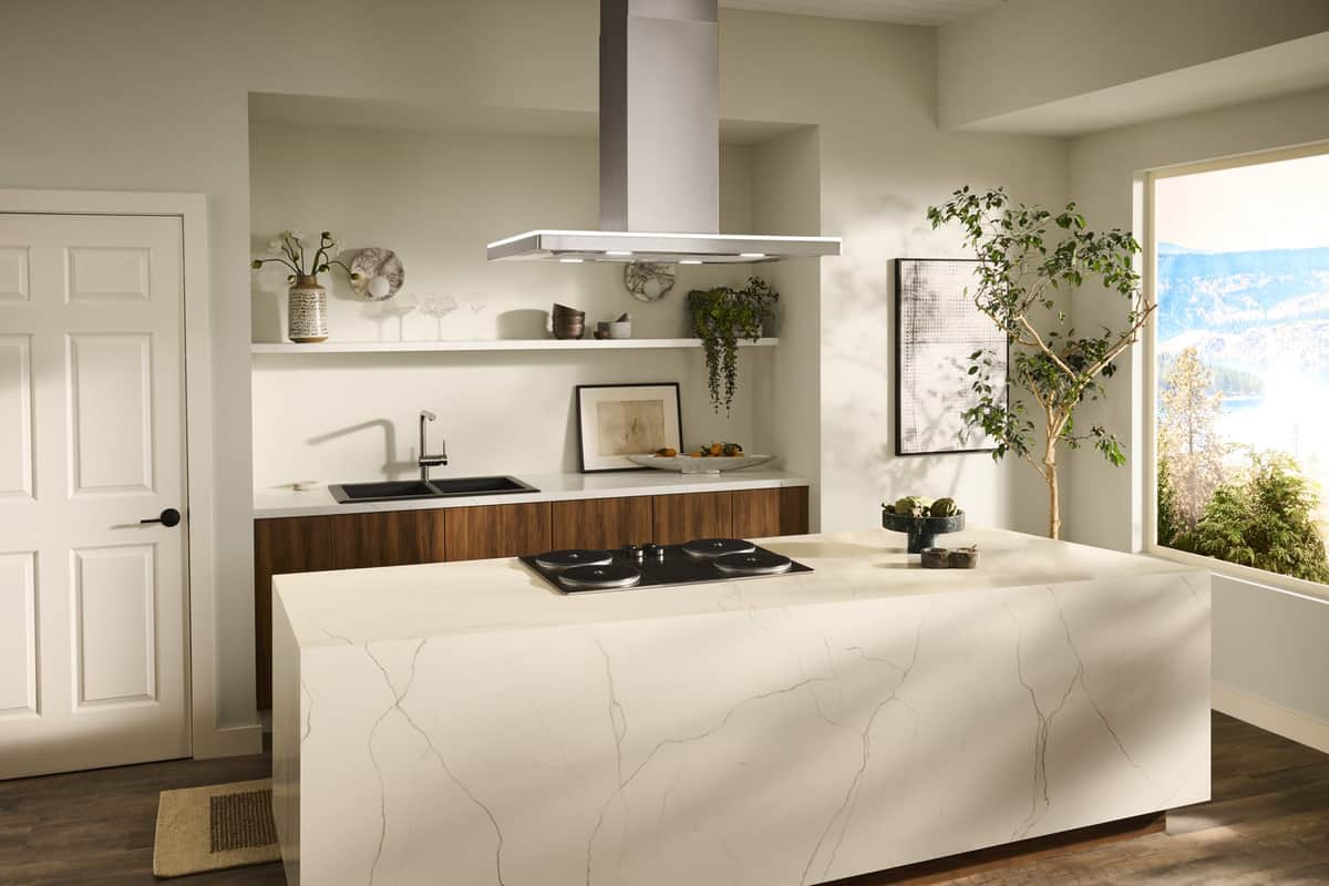 A slim stainless Zephyr island hood suspended over a white marble waterfall island with a black cooktop, walnut base cabinets and a potted tree by the window behind