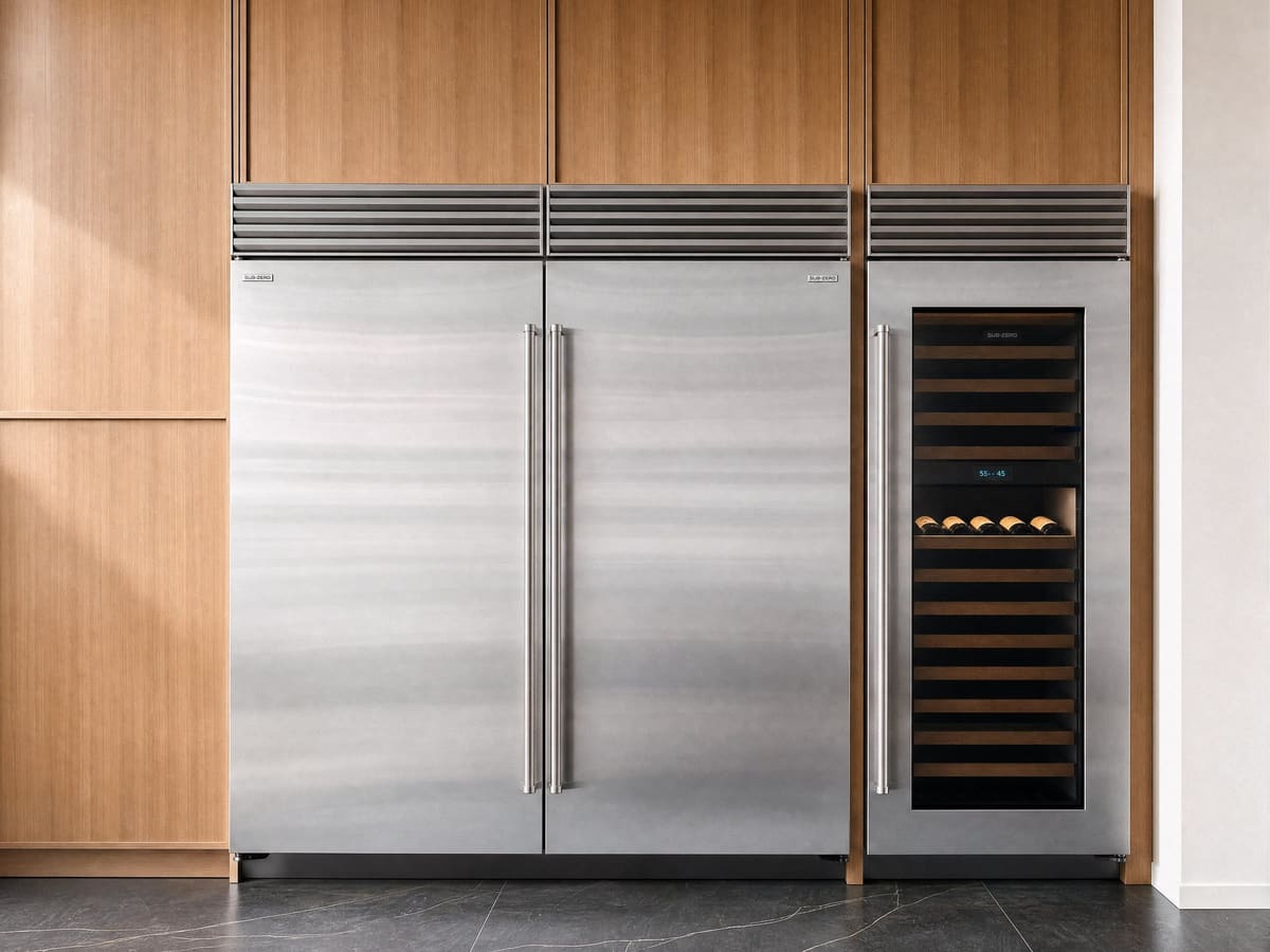 Sub-Zero refrigerator and freezer columns beside a glass door wine column, set into white oak cabinetry