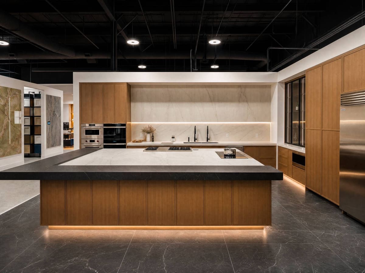 The Roseville showroom floor: a walnut island with a cooktop under a dark exposed ceiling, wall ovens and refrigerator columns receding into the distance